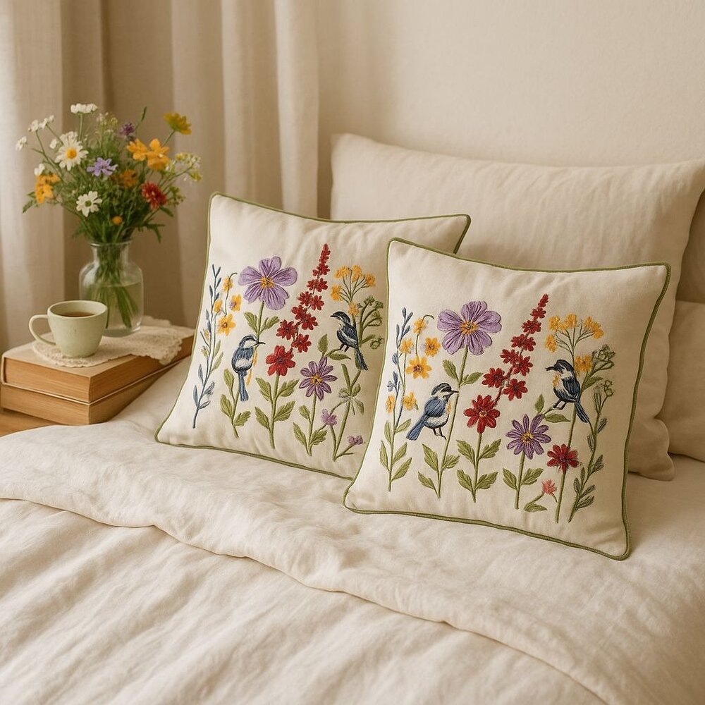 Embroidered Floral Bird Pillow Covers Set of 2 Square Decorative Throw Botanical